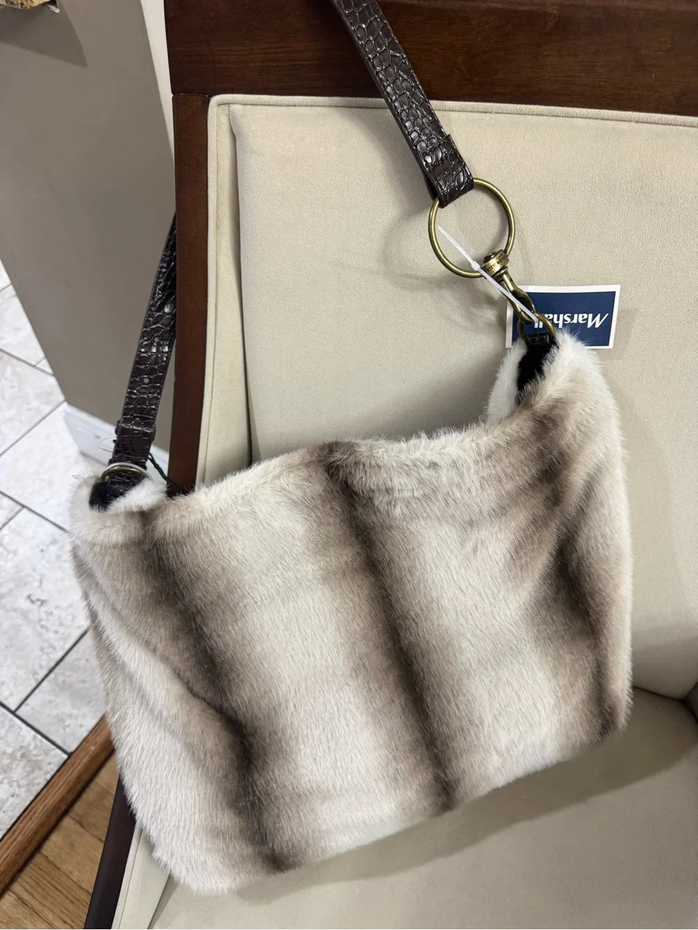 Steve Madden Faux-Fur Hobo with Croc-Embossed Trim - Brown/Beige